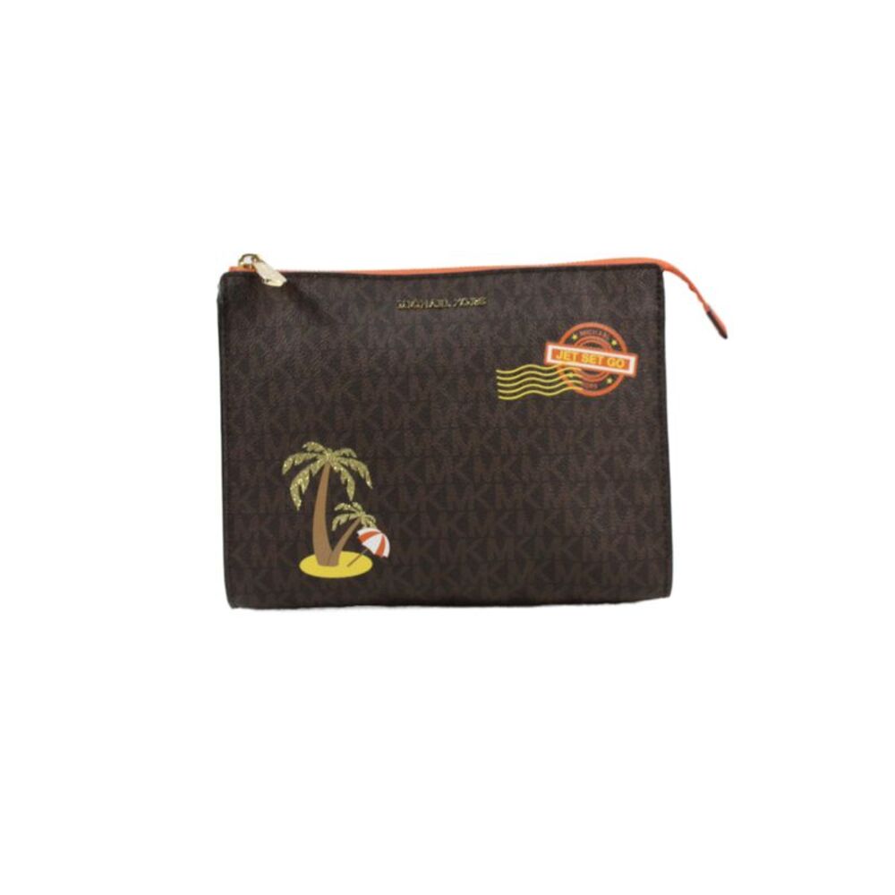 Michael Kors Womens Jet Set Go Monogram Zip Pouch Handbag Brown